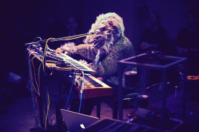 Liz Kosack spielt Synthesizer mit Tiermaske